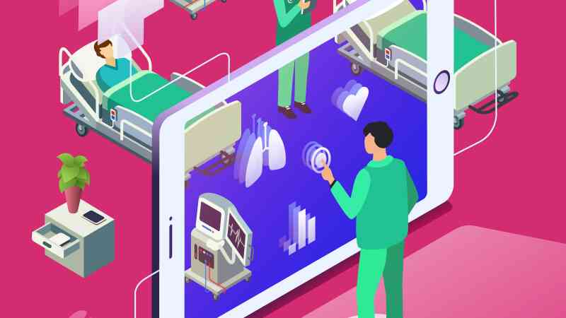 Vector isometric telemedicine, online medicine healthcare technology concept. 3d illustration with doctor monitoring patient in hospital ward, looking at health indicators at tablet computer screen.