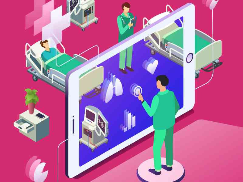 Vector isometric telemedicine, online medicine healthcare technology concept. 3d illustration with doctor monitoring patient in hospital ward, looking at health indicators at tablet computer screen.