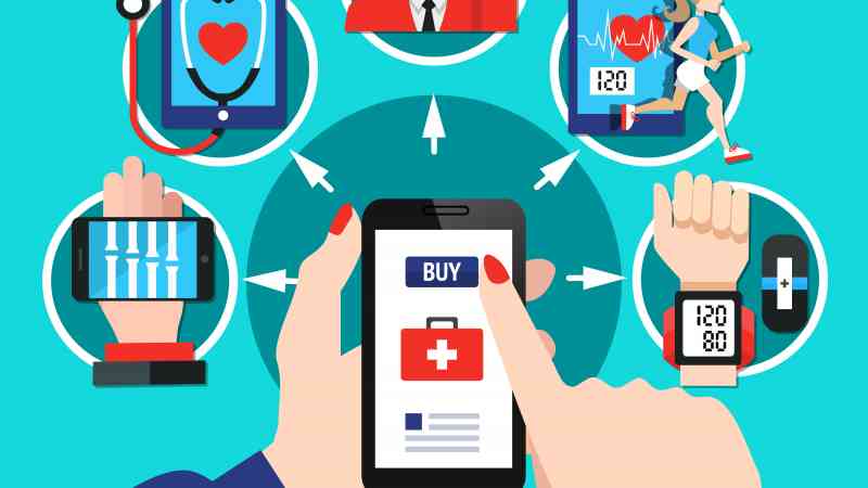 Digital healthcare gadgets tools software with index finger choosing smartphone screen menu options flat poster vector illustration