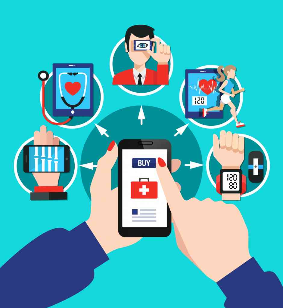 Digital healthcare gadgets tools software with index finger choosing smartphone screen menu options flat poster vector illustration