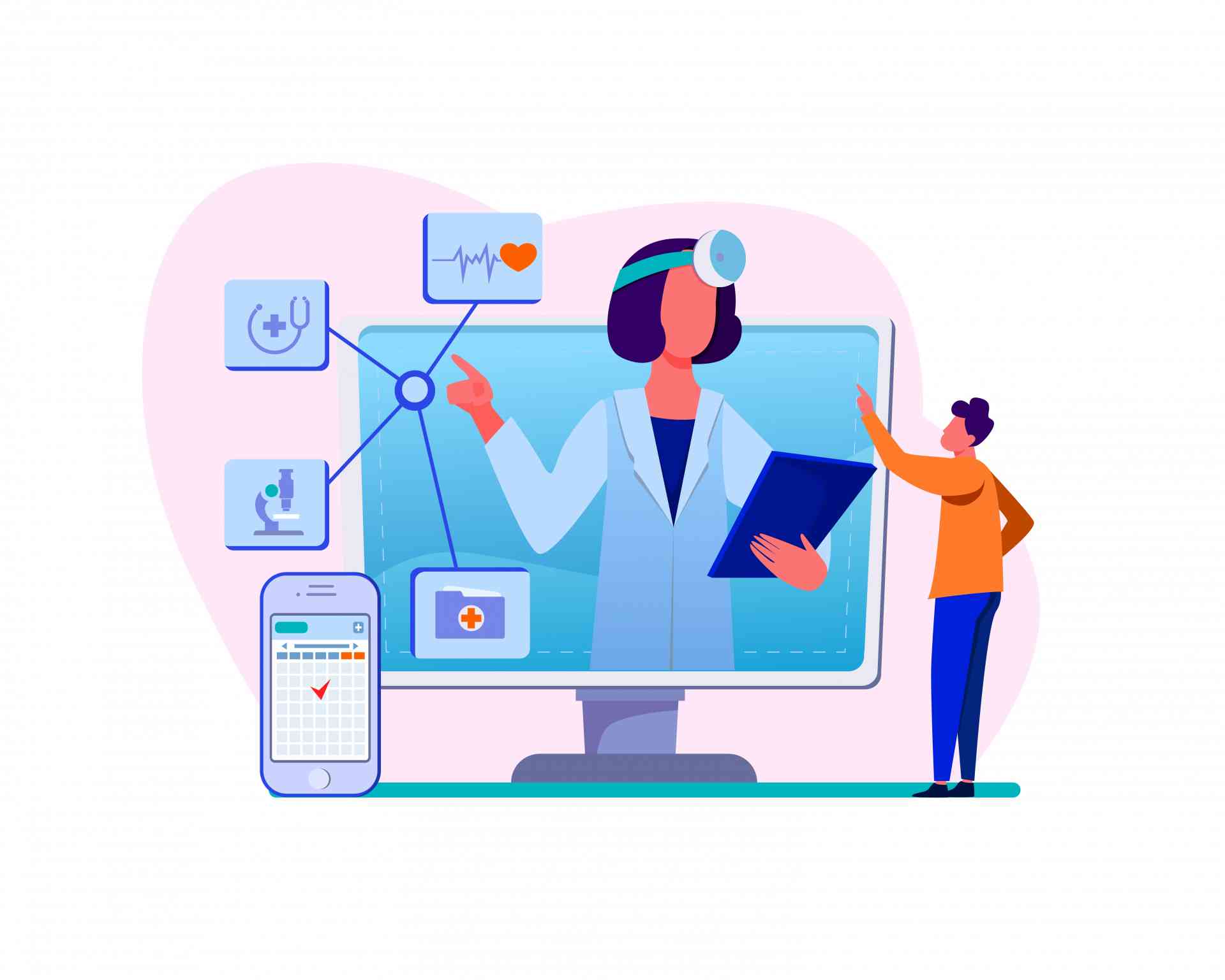 Online medical assistance vector illustration. Man using smartphone app for consulting doctor. Male patient chatting with practitioner on internet
