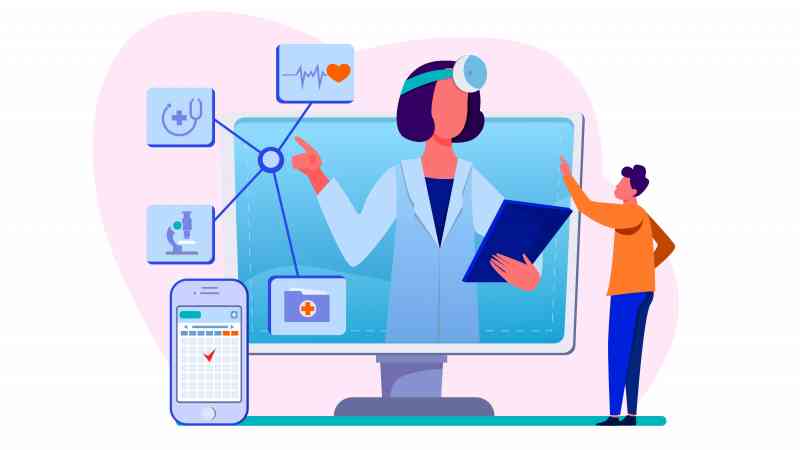 Online medical assistance vector illustration. Man using smartphone app for consulting doctor. Male patient chatting with practitioner on internet