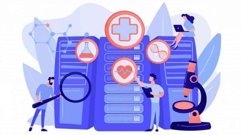Doctors and personalized prescriptive analytics. Big data healthcare, personalized medicine, big data patient care, predictive analytics concept. Pinkish coral bluevector isolated illustration