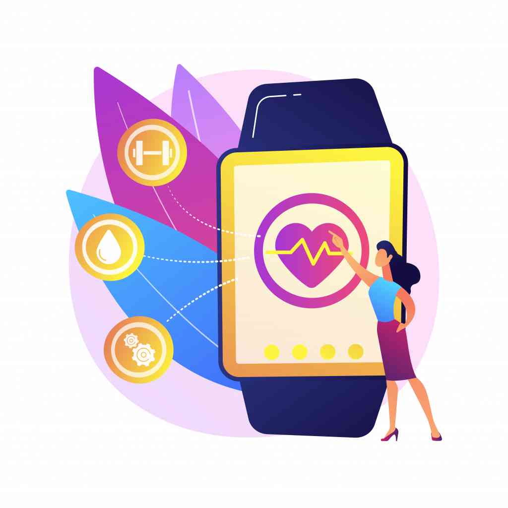 Heart rate on smartwatch. Portable pulse tracker. Wrist clock, watch with touchscreen, healthcare app. Fitness assistant. Gadget for workout. Vector isolated concept metaphor illustration.