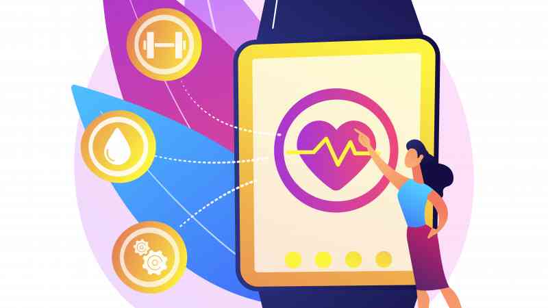 Heart rate on smartwatch. Portable pulse tracker. Wrist clock, watch with touchscreen, healthcare app. Fitness assistant. Gadget for workout. Vector isolated concept metaphor illustration.