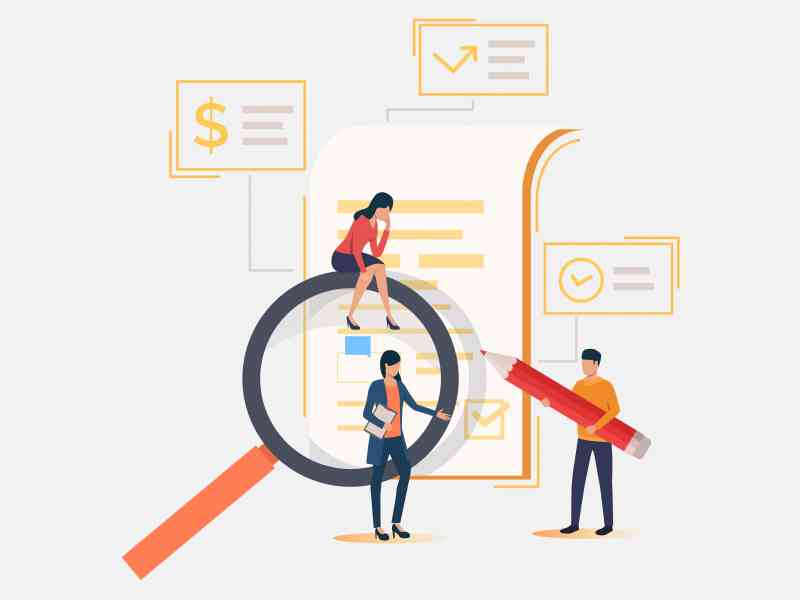 Business team, magnifying glass, document. Analysis, research, browser. Search concept. Vector illustration can be used for topics like business, internet, communication