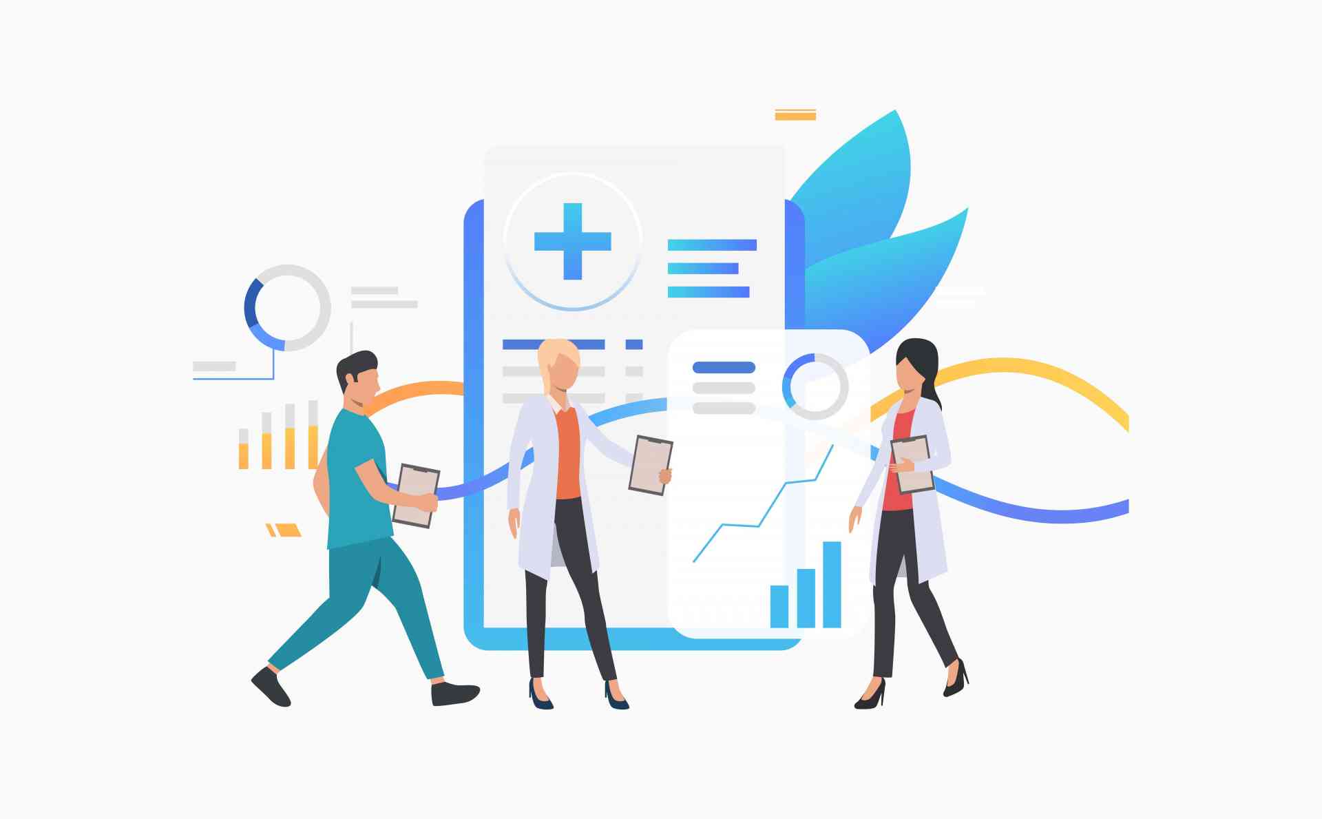 Medical workers analyzing electronic record vector illustration. Diagnostic center, medical innovation, modern clinic. Healthcare concept. Creative design for layouts, web pages, banners