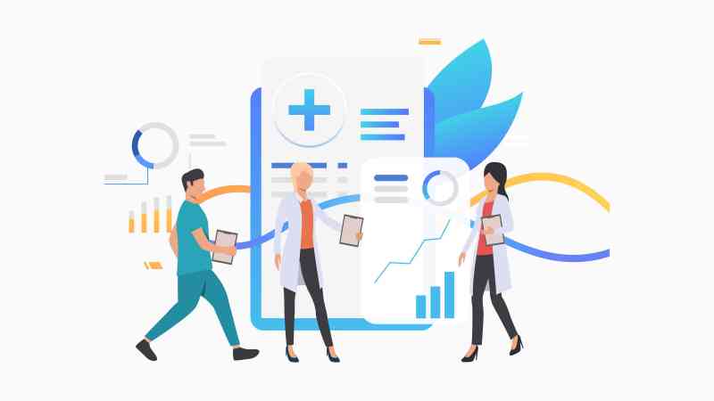Medical workers analyzing electronic record vector illustration. Diagnostic center, medical innovation, modern clinic. Healthcare concept. Creative design for layouts, web pages, banners