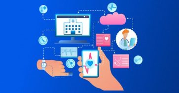 Illustration depicts IoT implementation in healthcare, featuring interconnected devices like smartwatches, smartphones, and cloud computing. A hospital and a doctor are shown, emphasizing health data analysis.