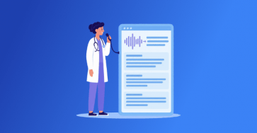 Illustration of a clinician using AI voice transcription to convert spoken notes into structured digital clinical documentation.