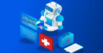 Isometric illustration of a white and blue medical robot wearing a stethoscope, standing between a screen showing a heart-rate trace and a patient record, a red first-aid case, and a clipboard, on a blue background.