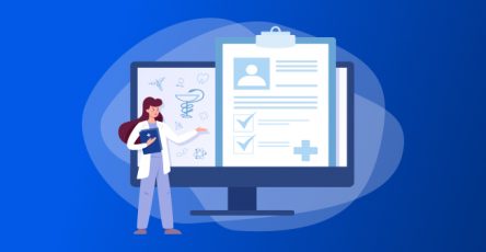 Illustration of a clinician in a white coat gesturing toward a large monitor that displays a patient record on a clipboard with checkmarks and a medical cross, on a blue background.
