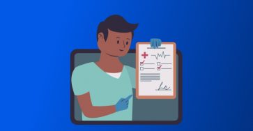 Illustration of a clinician on a video call screen holding a medical checklist with vital signs and checkboxes.