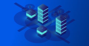 Isometric illustration of stacked server towers and connected data nodes representing layered technology architecture