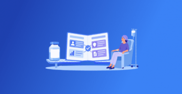 Illustration of an oncology patient receiving infusion therapy in a chair beside an open prior authorization form with a medication vial