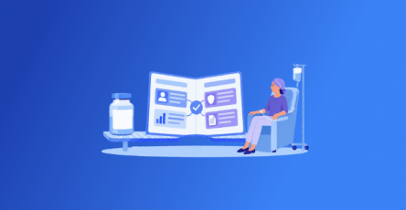 Illustration of an oncology patient receiving infusion therapy in a chair beside an open prior authorization form with a medication vial