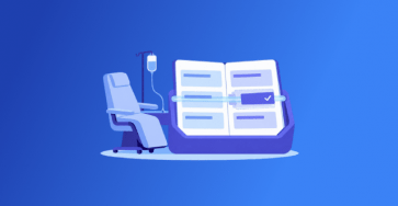 Illustration of an infusion chair and IV stand beside an open claim form with one line checked, on a blue background