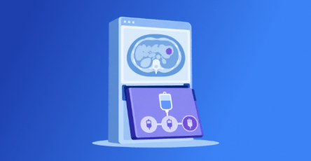 Illustration of an oncology EHR screen showing a CT scan of the abdomen with a tumor highlighted, above a treatment panel with a chain of three IV bags.
