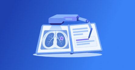 Robotic arm writing in an open patient record beside a lung scan, showing AI in an oncology EHR